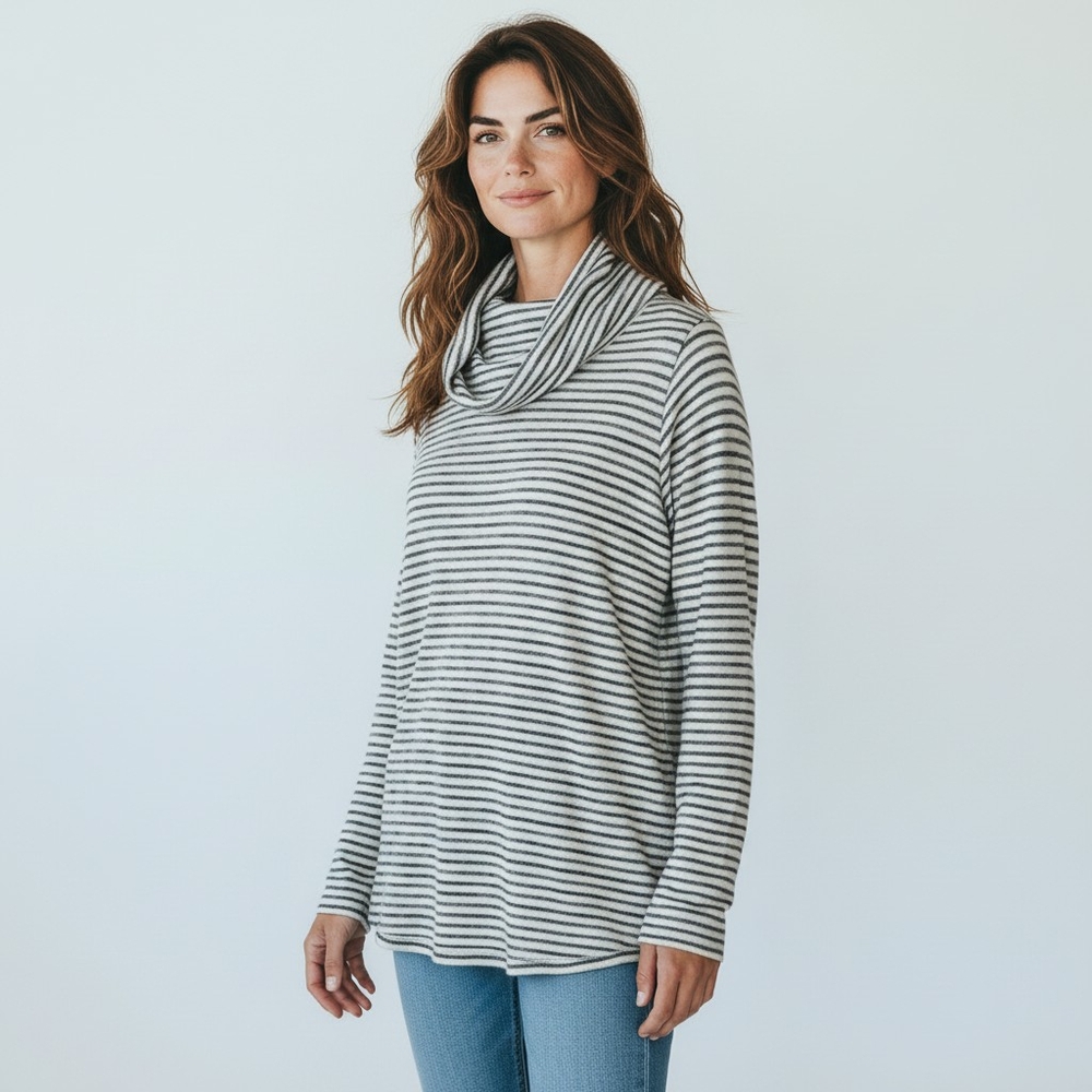 Van Heusen Cowl Neck Top Long Sleeves Navy White Striped Women's Size Large